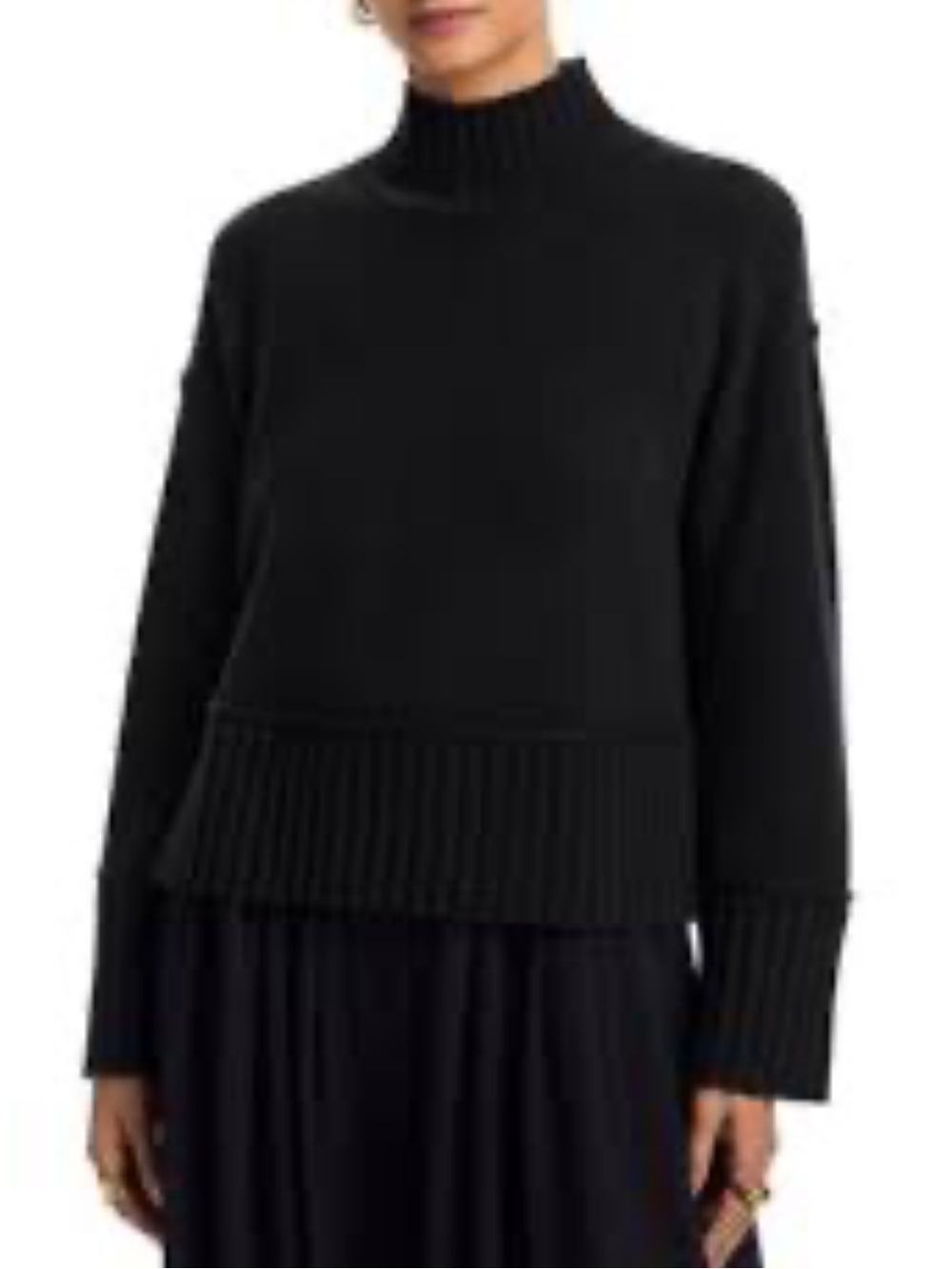 AQUA Cashmere 100% Cashmere Boxy Mock Neck Sweater Black Quiet Luxury-Large